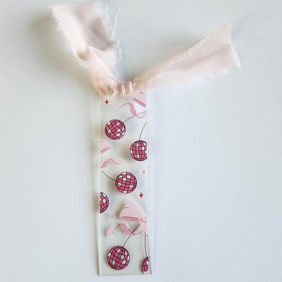 Disco Ball Cherry Print Bookmark Acrylic Pink Cute Coquette Bookish Gift For Her - Picture 6 of 14